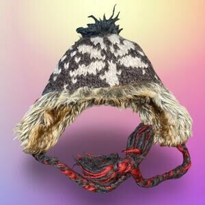 American Eagle Wool Alpaca Trapper Hat Pom Knit Fair Isle Faux Fur Earflap Y2K